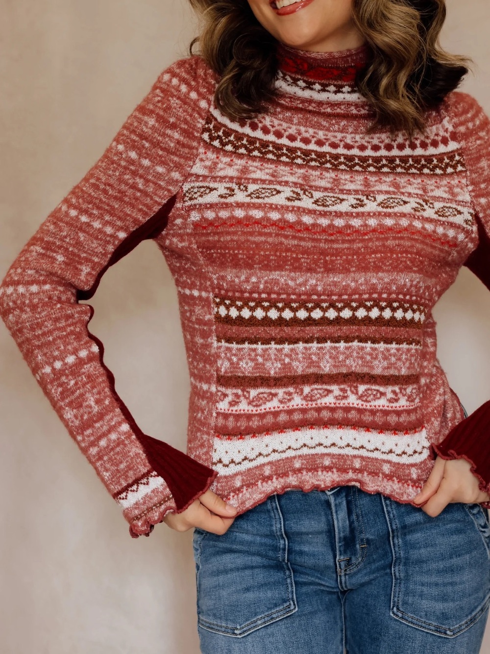 Free People Rose Red Fair Isle Cowl Sweater